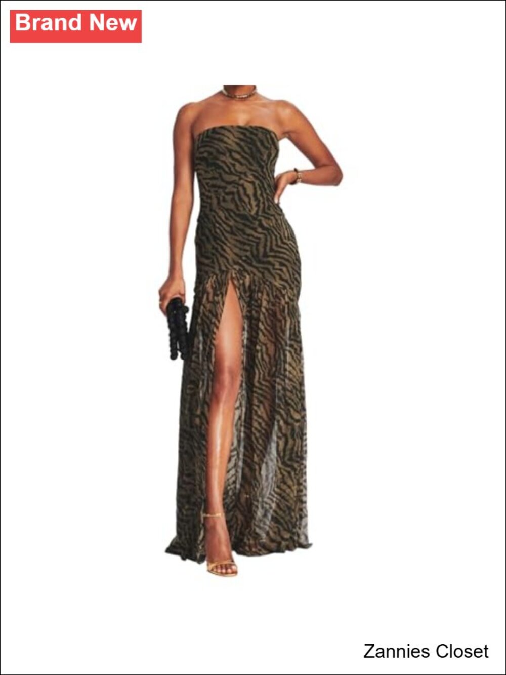 ✨ Strapless Tiger Stripe Mesh Patchwork High Slit Maxi Dress